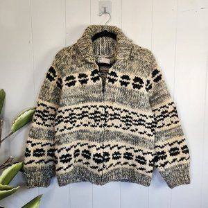 Vintage Cowichan Sweater Wool Boho Bohemian Mens Hippie Zipper Zip Up Winter